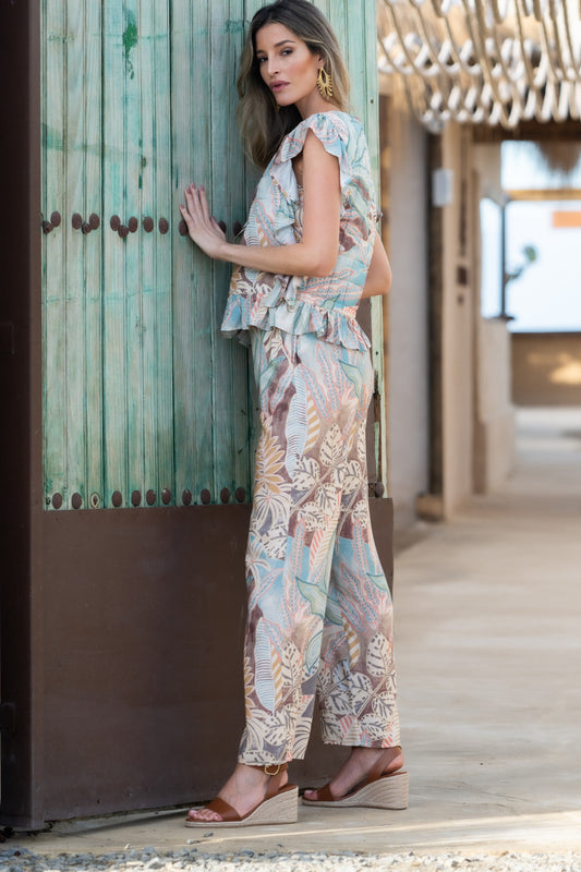 Pantalón estampado hojas tonos pastel