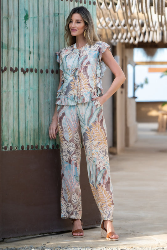 Pantalón estampado hojas tonos pastel