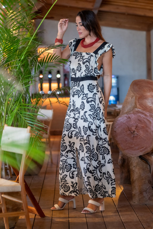 Vestido largo flores blanco y negro